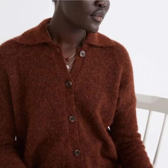 Madewell Carrabelle Polo Cardigan Alpaca Mohair Sweater In Heather Mahogany - Picture 2 of 14